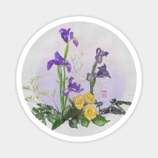 Ikebana irises with yellow roses watercolor Magnet